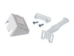 White plastic and metal mounting hardware with screws for blinds or shades.