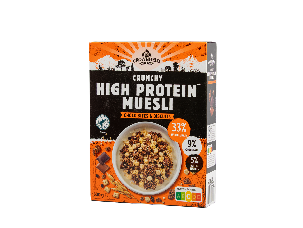 Kutija Crownfield hrskavog muslija sa visokim sadržajem proteina, čokoladnim zalogajima i keksima.