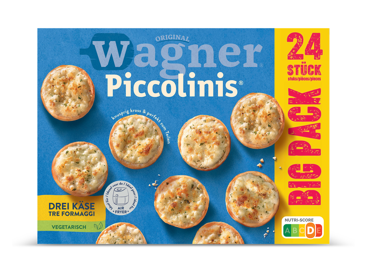 Verpakking van 24 mini-pizza's met drie kazen, knapperig en perfect om te delen, vegetarisch.