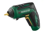 Green and black cordless screwdriver with a gold-colored bit, featuring an integrated LED light.