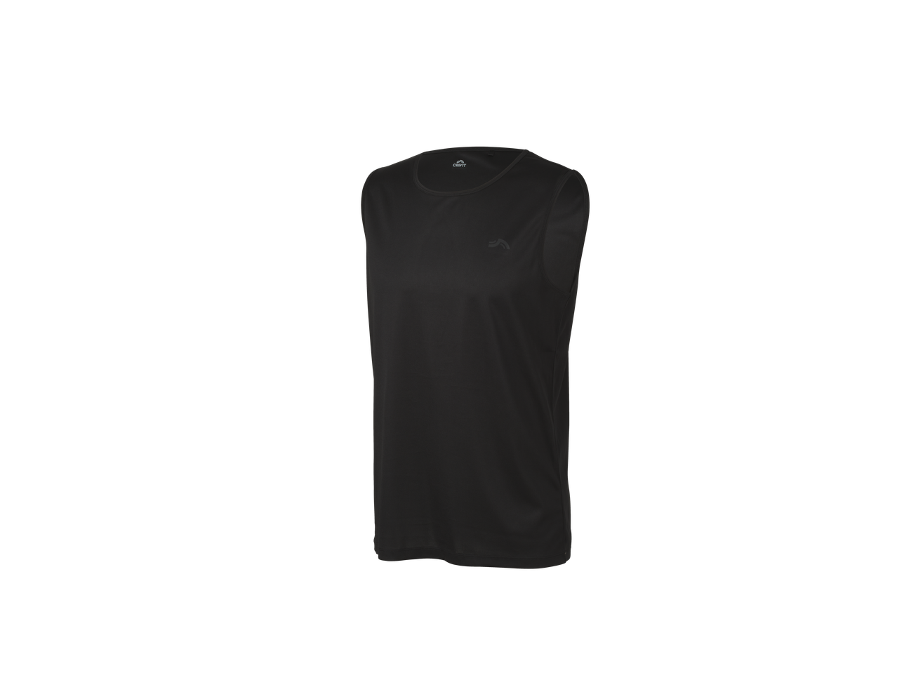 Top desportivo preto sem mangas para homem, vista em ângulo.