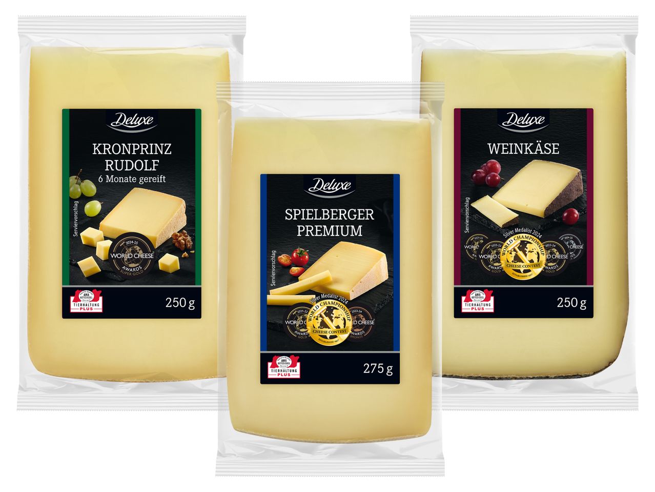 Drei Packungen Deluxe Käse: Kronprinz Rudolf, Spielberger Premium und Weinkäse.