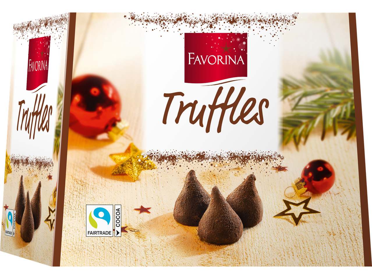 Favorina tryfflar i en julig förpackning med Fairtrade-märkning.