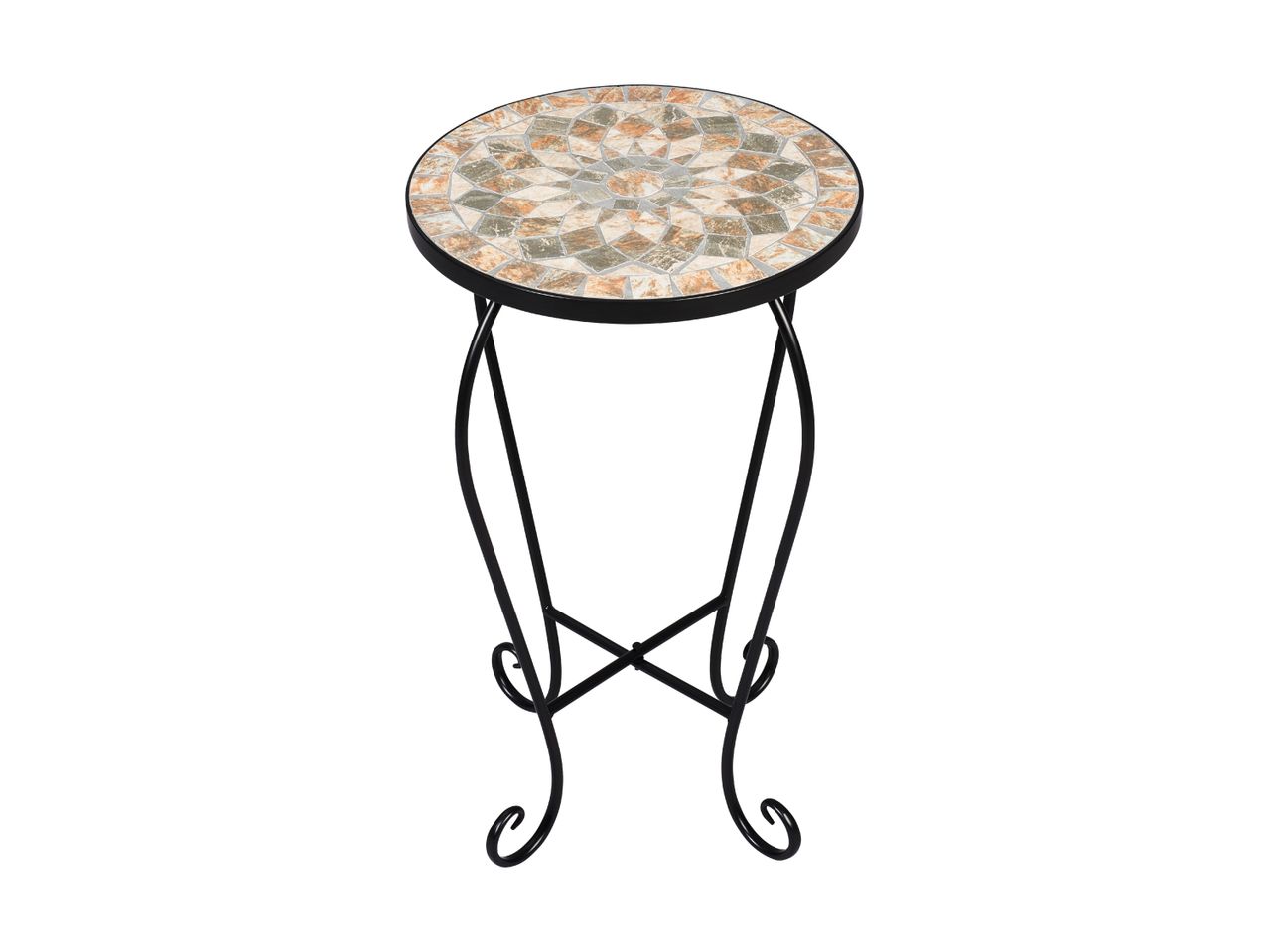Round mosaic plant stand with a black wrought iron frame and a colorful tiled top.