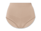 Beigefarbene High-Waist-Unterhose aus geripptem Stoff.