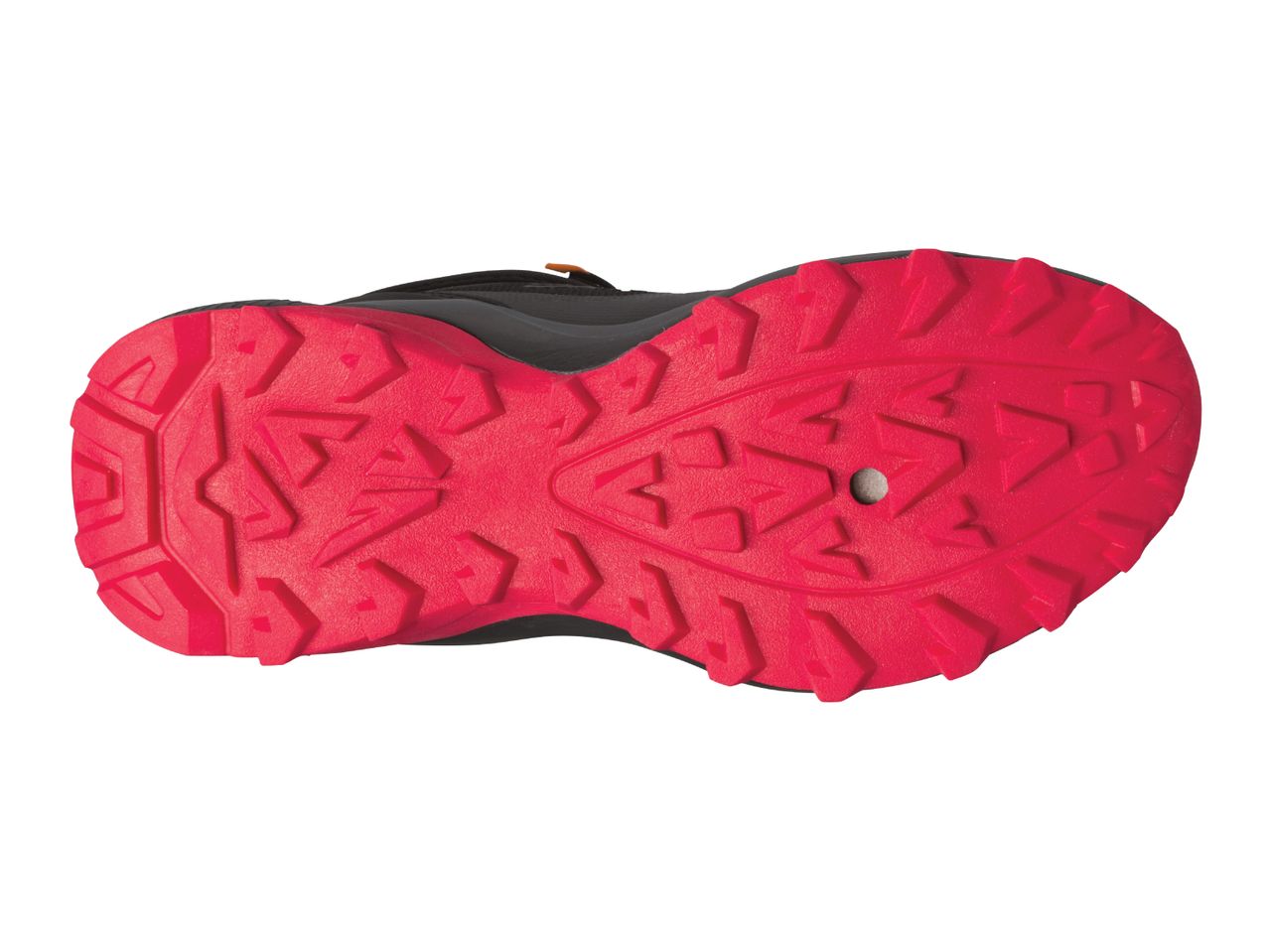 The bottom of a black and pink hiking shoe with a bright red sole.
