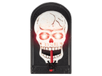 Világító szemű, pókos koponya alakú halloweeni csengő fekete alapon.