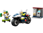 Police and robber toy set with motorcycle, skateboard, and ATM with a 'WANTED!' poster
