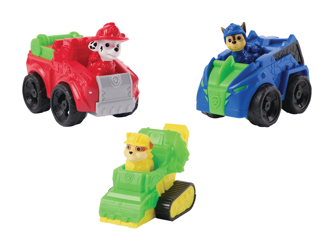 Trois véhicules jouets colorés avec des personnages de chiots, dont un camion de pompiers rouge, une voiture de police bleue et un bulldozer vert.