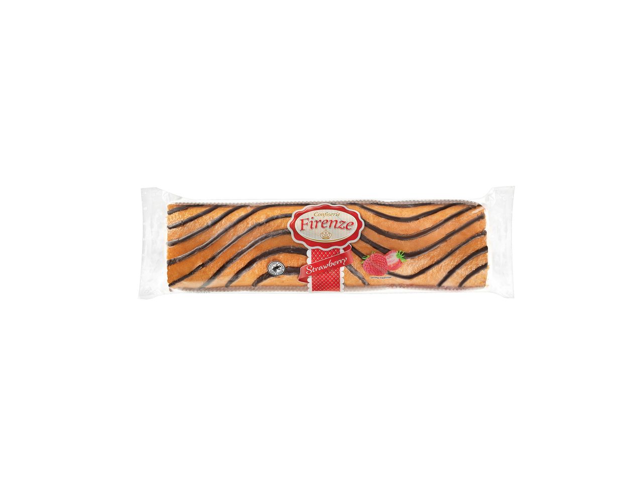 Συσκευασμένο κέικ ρολό Confiserie Firenze φράουλα με σοκολατένια επικάλυψη.