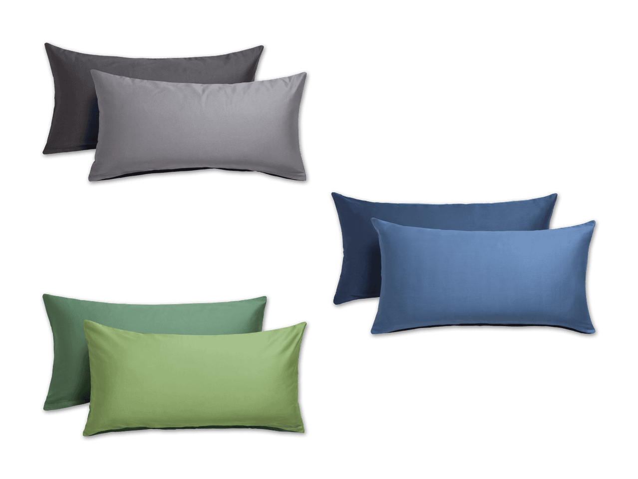 Vier Paare von Kissen in verschiedenen Farben: Grau, Blau und Grün.