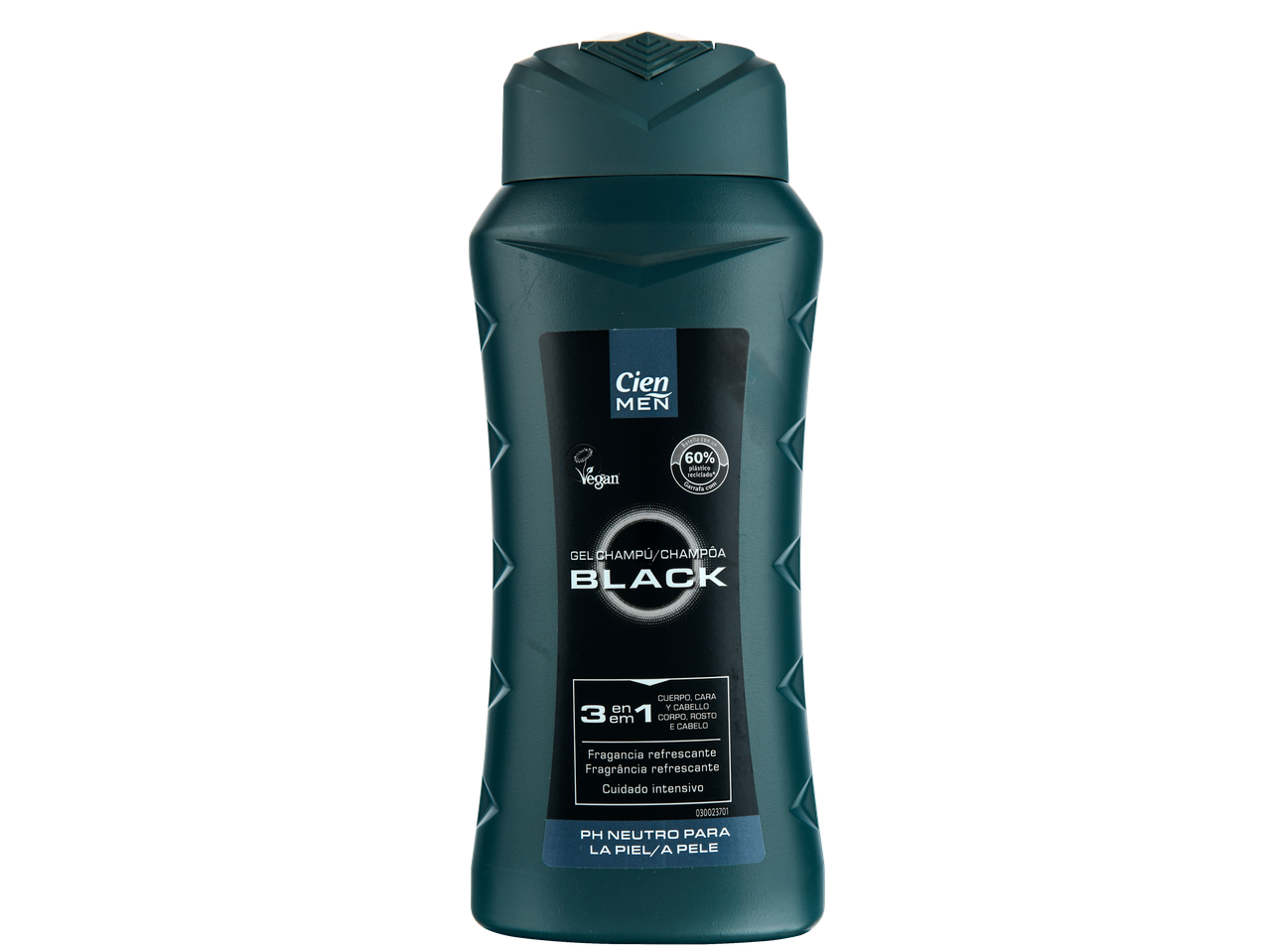 Gel de banho e champô Cien Men Black: vegano, 60% plástico reciclado.