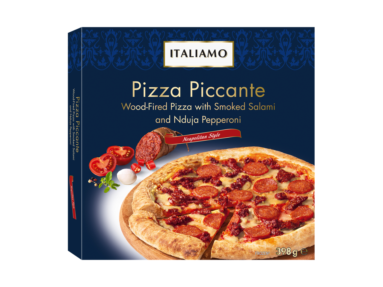 Italiamo Pizza Piccante: Pizza a lenha com salami defumado e pepperoni Nduja, estilo napolitano.