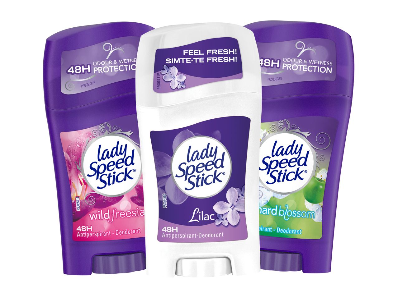Trei deodorante Lady Speed Stick, două mov și unul alb, cu arome de frezie sălbatică, liliac și măr.