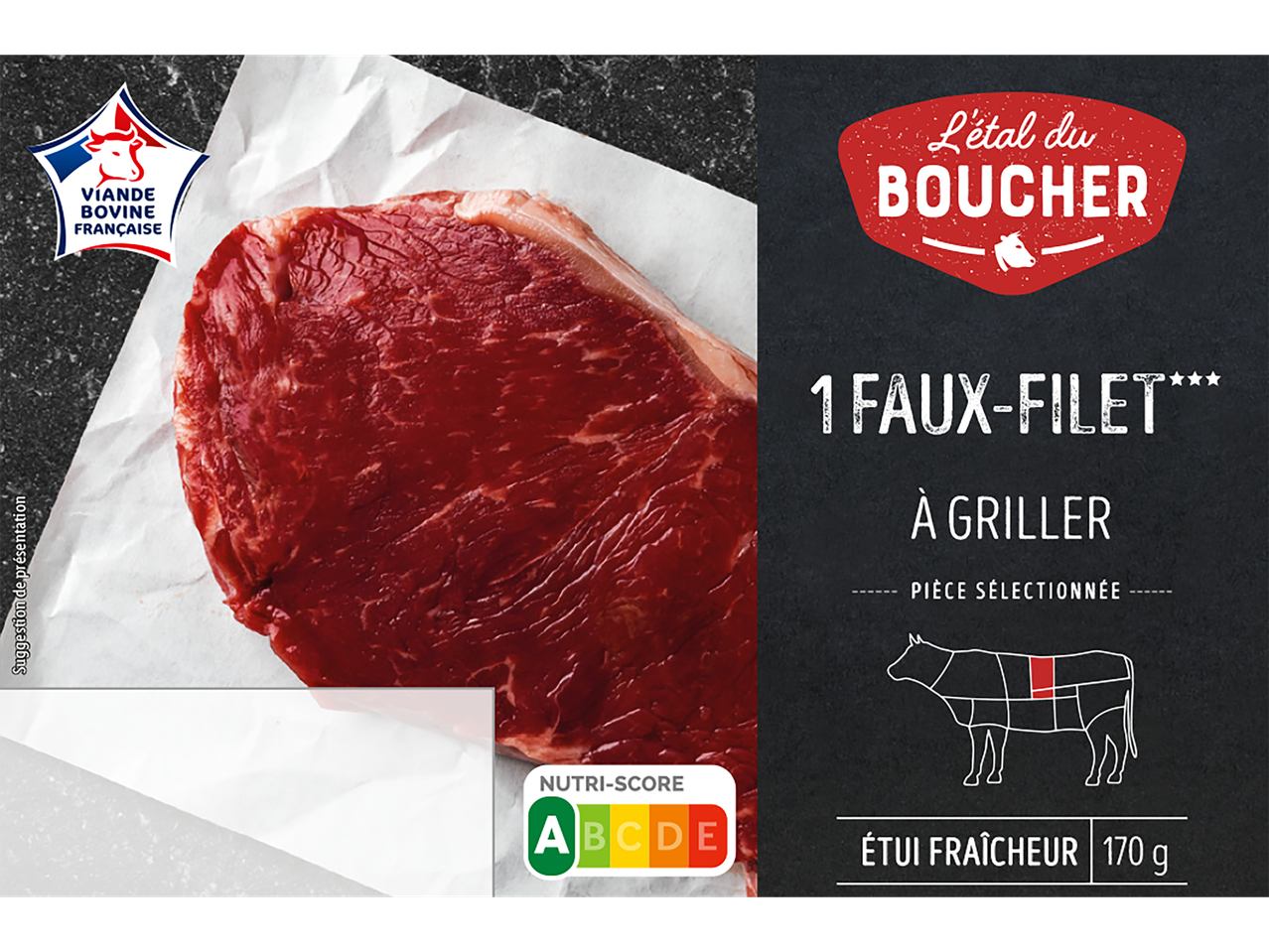 Faux-filet de bœuf emballé à griller avec Nutri-Score A et label d'origine française.