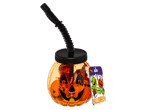Tök formájú szívószálas pohár halloween-i édességekkel.