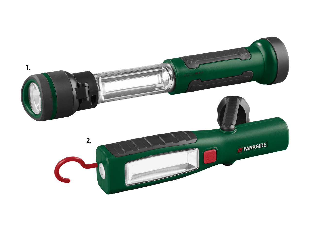 Zwei LED-Arbeitsleuchten, eine stiftförmige und eine mit Haken und Magnetfuß.