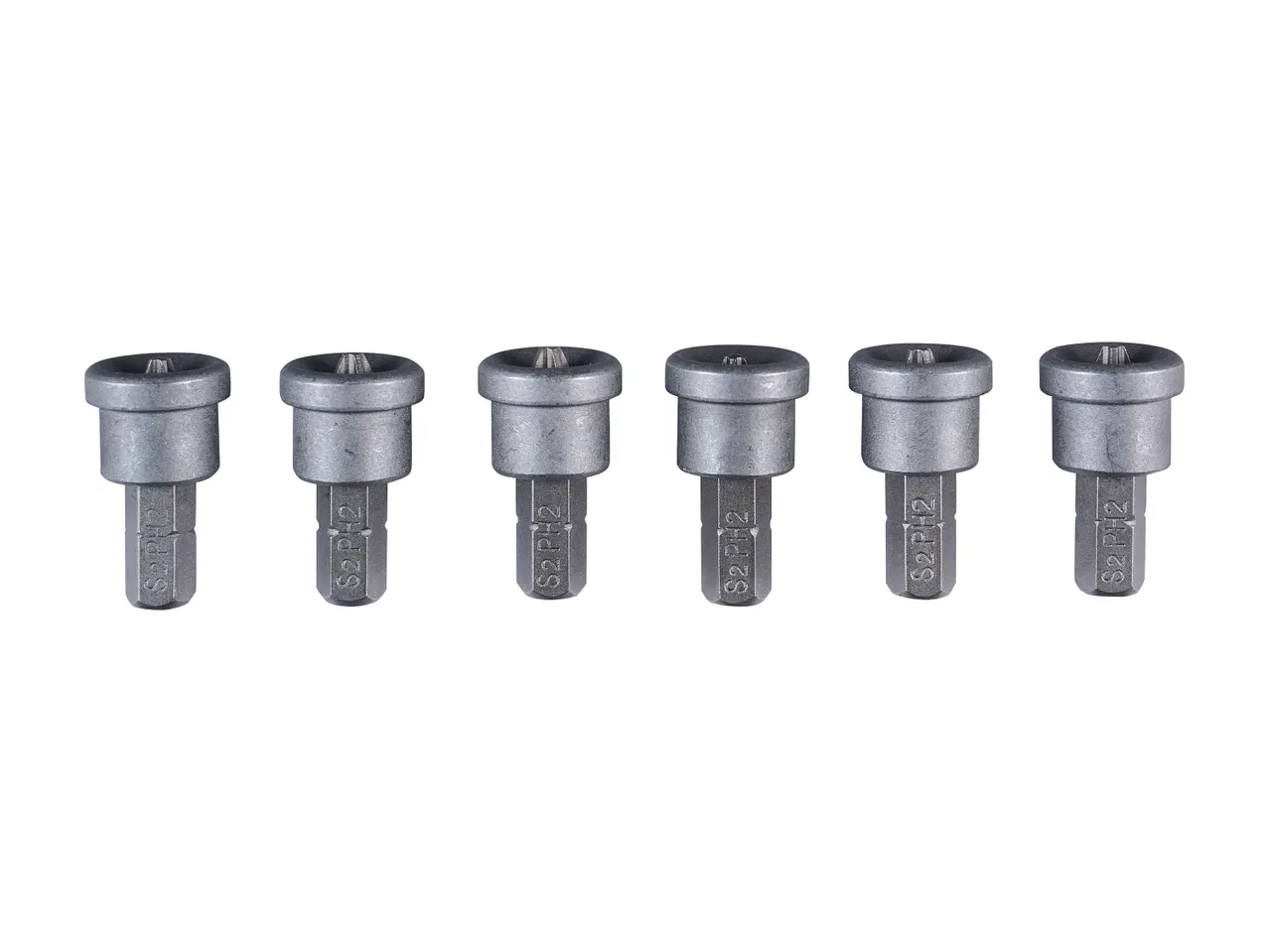 Six magnetic screwdriver bits with S2 PH2 markings.