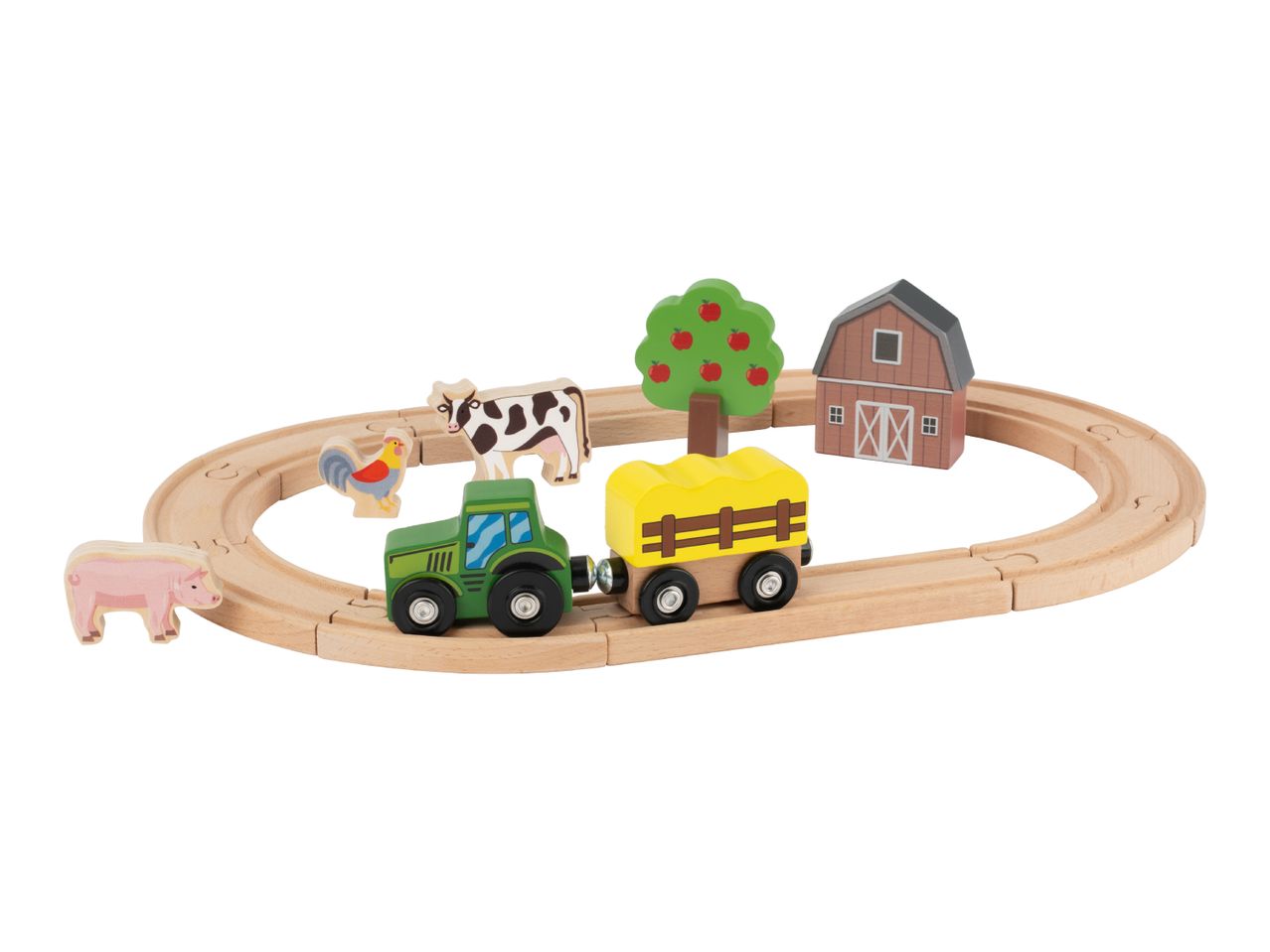 Wooden farm train set with tractor, wagon, animals, tree, and barn on a track.