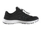 Black and white athletic shoe with a toggle lacing system, side mesh panels, and a textured sole.