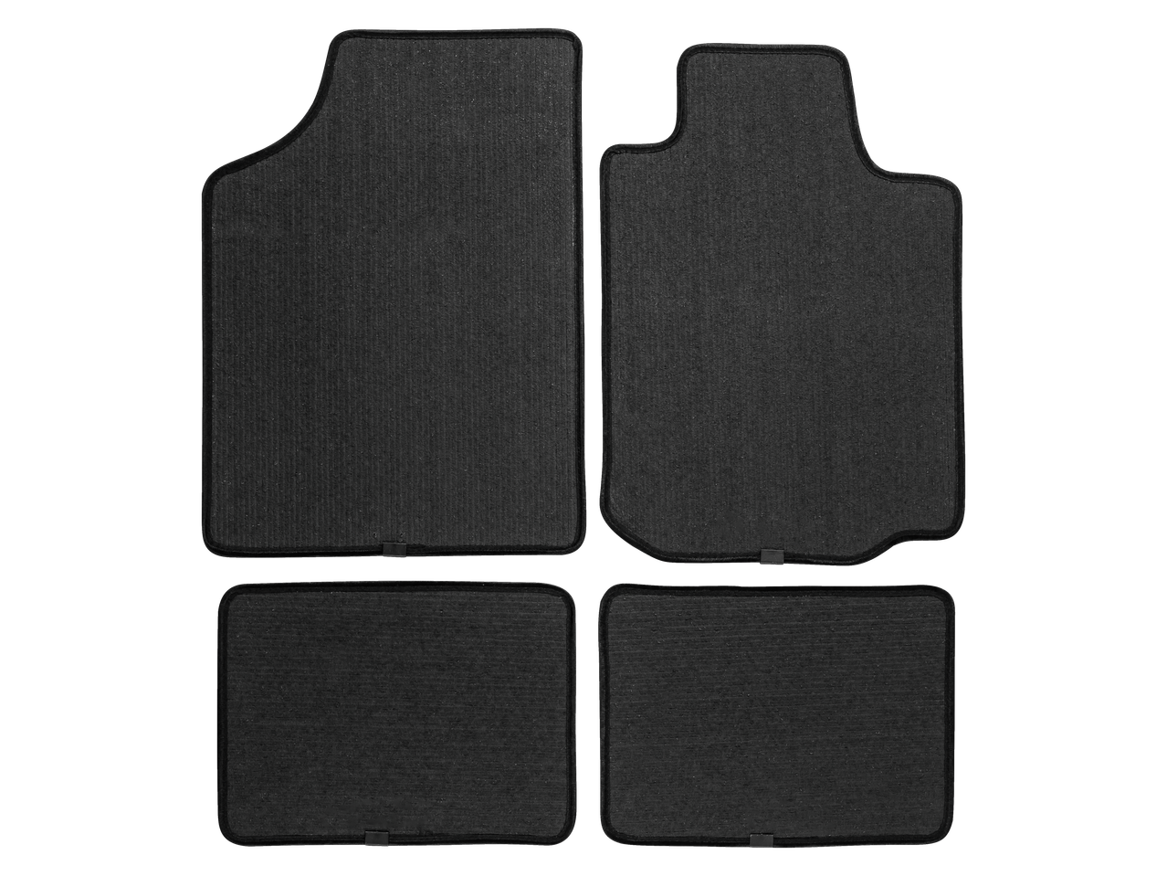 Set of four black car floor mats with ribbed texture and black trim.