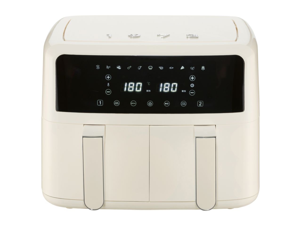 Cream-colored dual basket air fryer with digital display showing 180 degrees and cooking time.