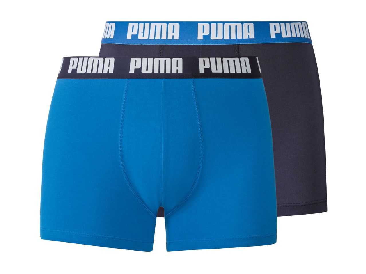 Two pairs of Puma boxer briefs, one blue and one dark blue, with branded waistbands.