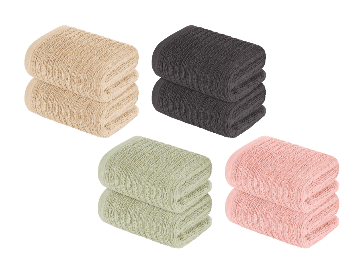 Fire sæt foldede håndklæder i beige, mørkegrå, lysegrøn og lyserød.
