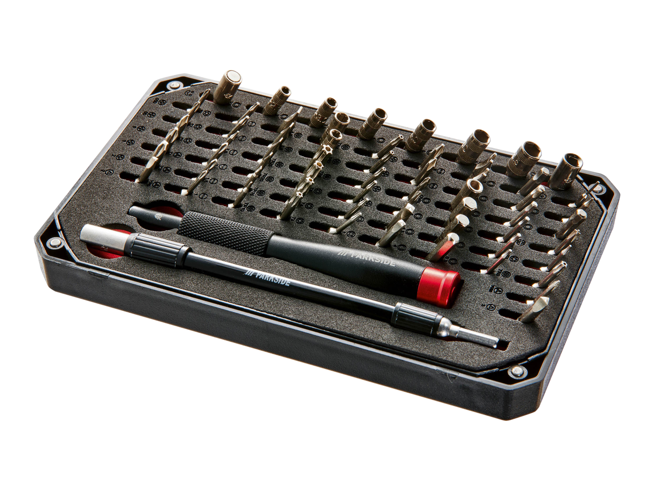 PARKSIDE screwdriver bit set with various bits, sockets, and two screwdrivers in a black case.