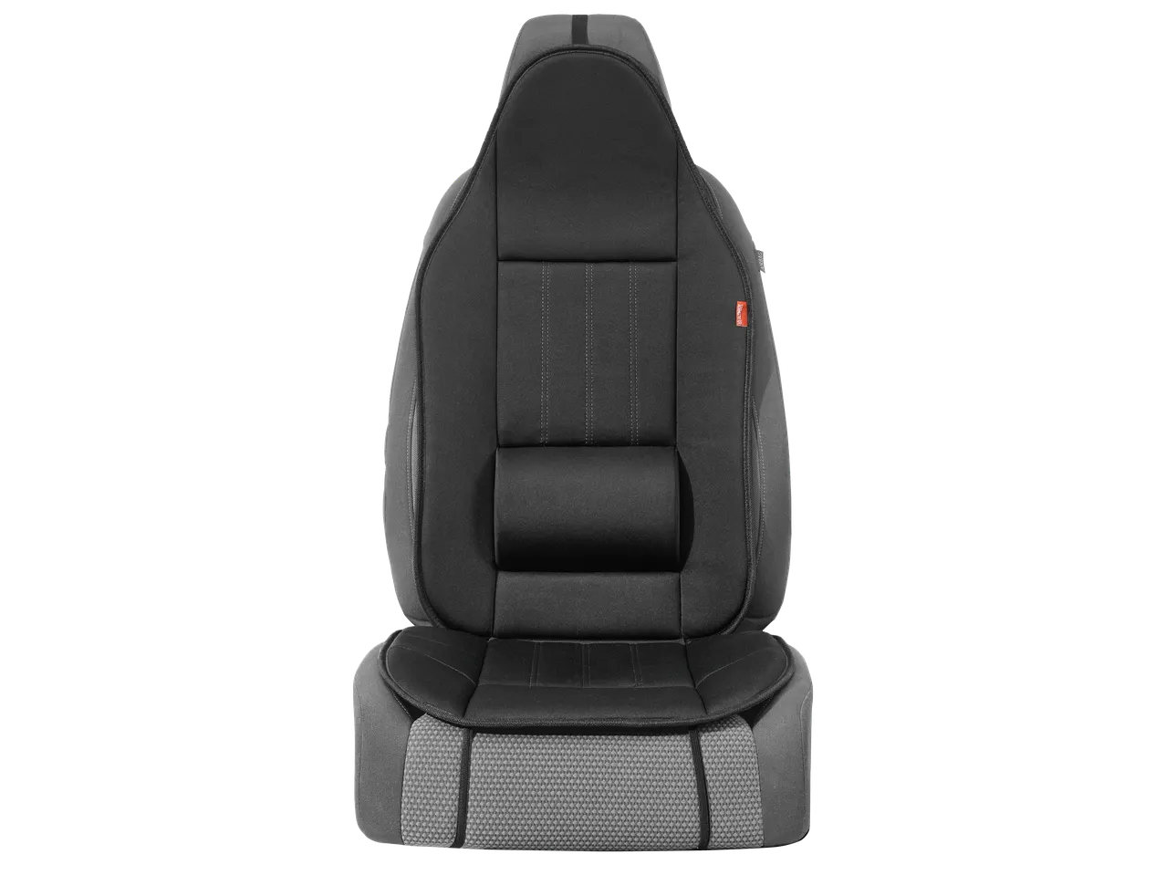 Черна калъфка за столче за кола с червен етикет „AIRBAG“ и шарка на седалката