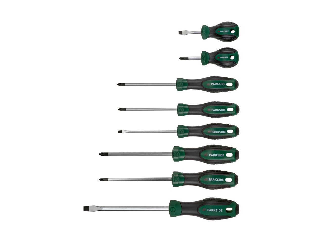 A set of eight Parkside screwdrivers of varying sizes and types are neatly arranged against a white background.