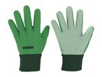 Pair of green gardening gloves, one showing the plain back and the other the dotted palm.