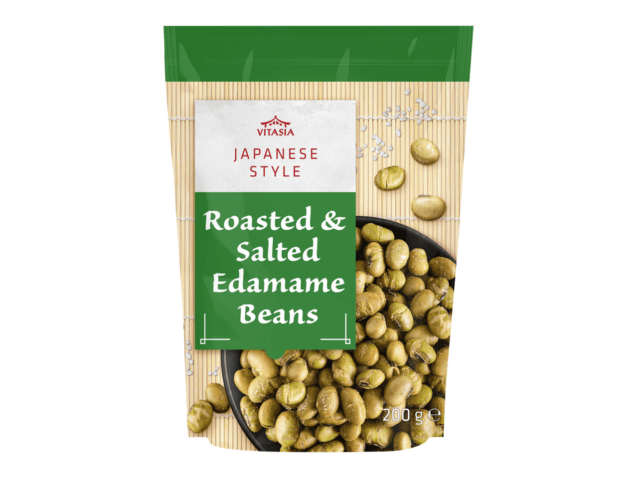Pussi paahdettuja ja suolattuja edamame-papuja, 200 g.