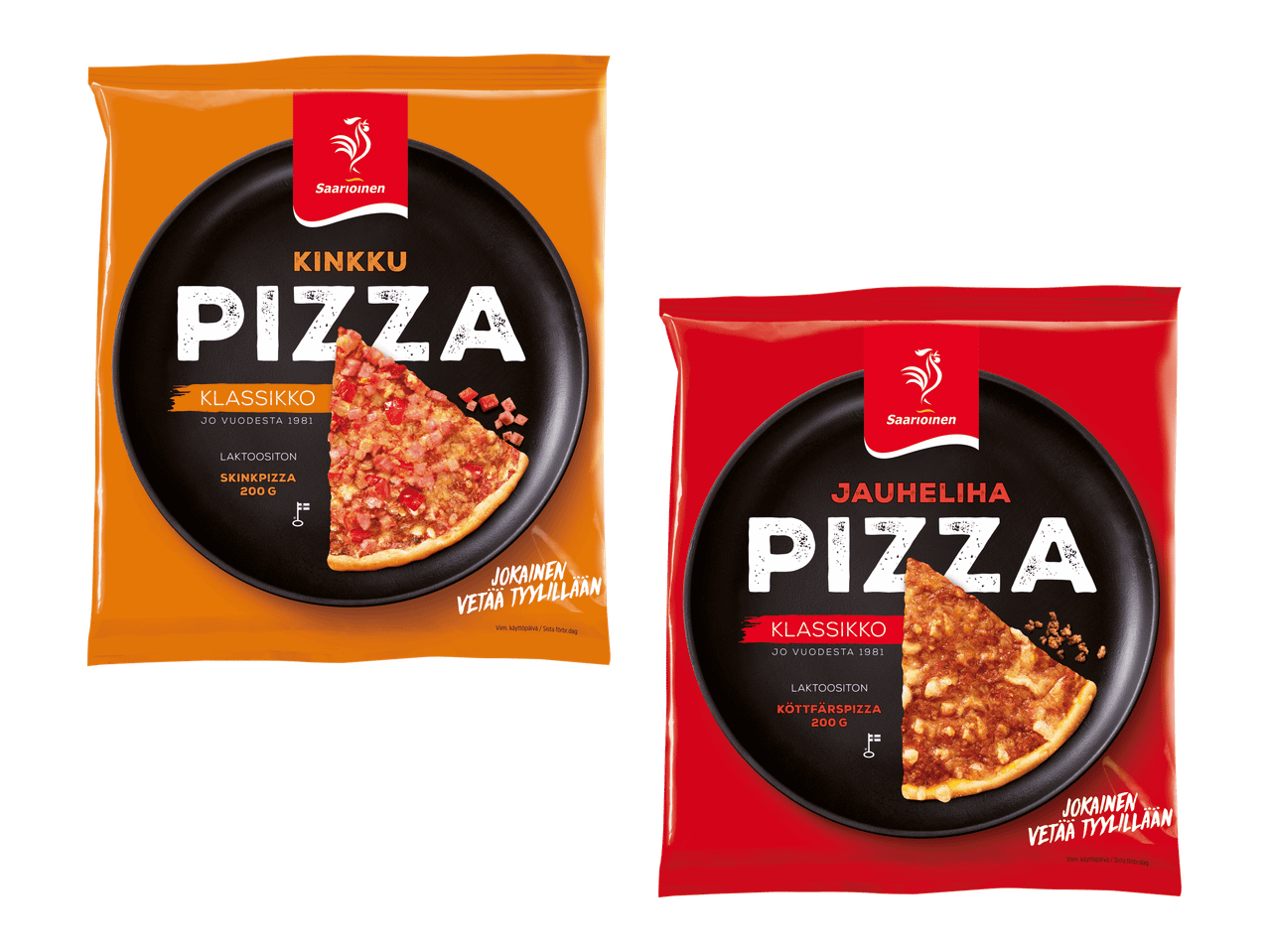 Kaksi pakattua pizzaa: kinkkupizza ja jauhelihapizza, molemmat klassikoita vuodesta 1981.