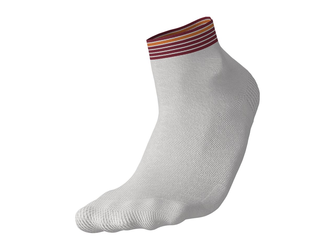 A white ankle sock with maroon and orange stripes at the top.