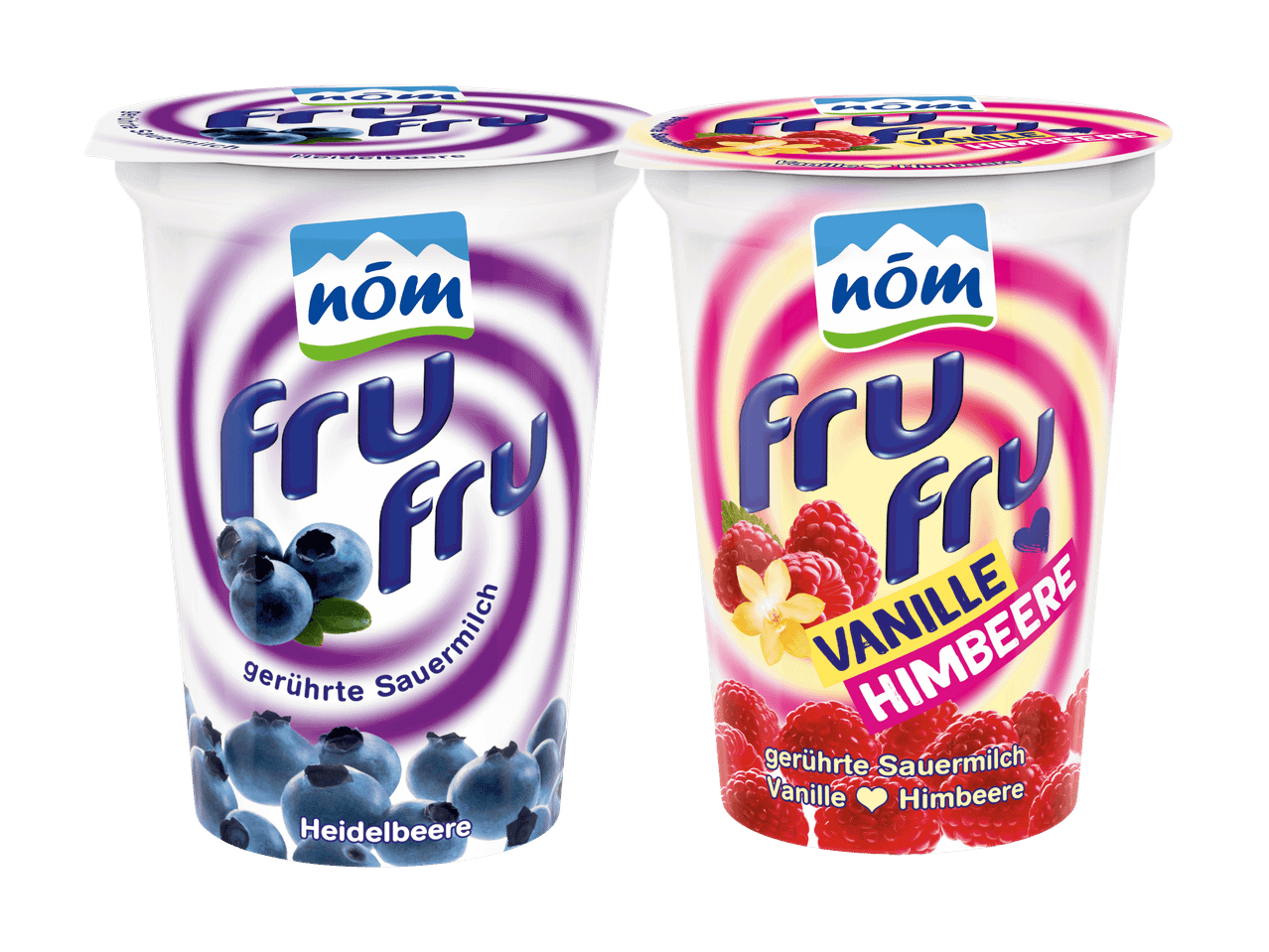 Zwei Becher HÖHN FruFry Joghurt, einer mit Heidelbeere, einer mit Vanille-Himbeere.