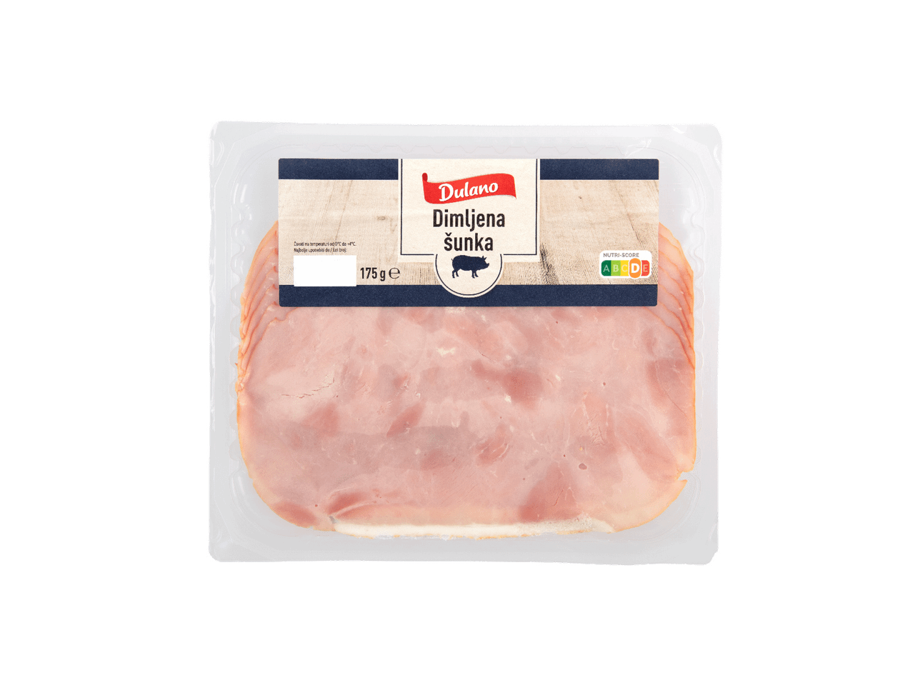 Pakovanje dimljene šunke od 175g sa Nutri-Score oznakom.