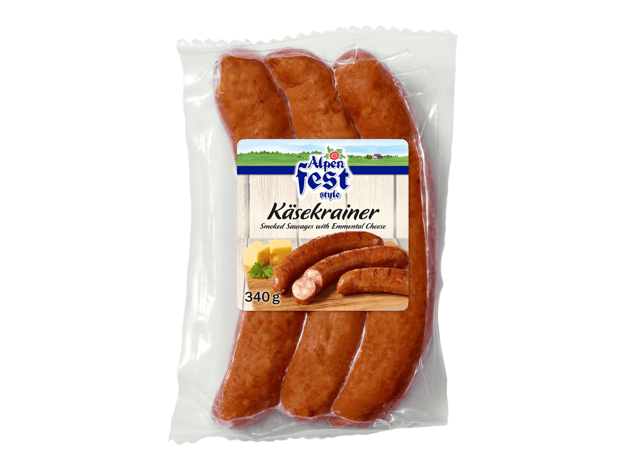 Tyhjiöpakattu paketti savustettuja makkaroita Emmental-juustolla, 340 g