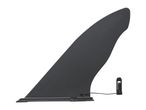 Black surfboard fin with a leash plug and cord, isolated on a white background.