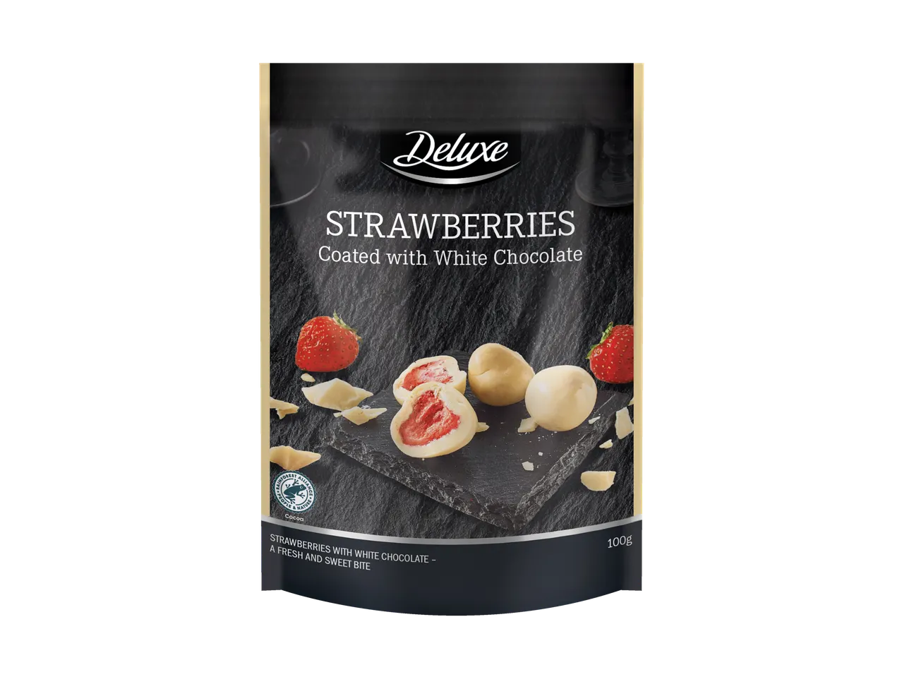 Deluxe : Fraises enrobées de chocolat blanc.