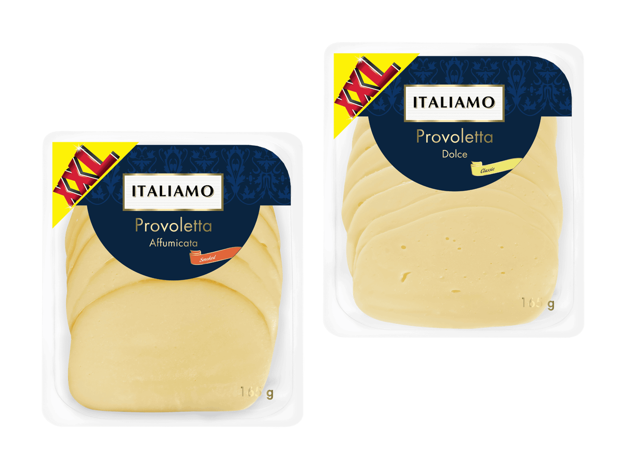 Deux paquets de fromage Provolone en tranches, un fumé et un classique, tous deux de 165g.