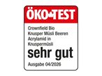 ÖKO-TEST Siegel für Knuspermüsli Beeren, bewertet mit 'sehr gut' in Ausgabe 04/2026.