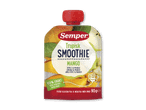 Frugtsmoothie med mango og æble i en klempose, mærket som 100% frugt og egnet fra 6 måneder.