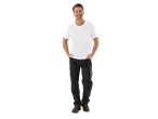 Smiling man wearing a white Parkside® t-shirt and black work trousers.