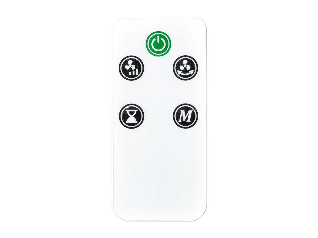 White remote control with green power button and black fan, timer, and mode icons.