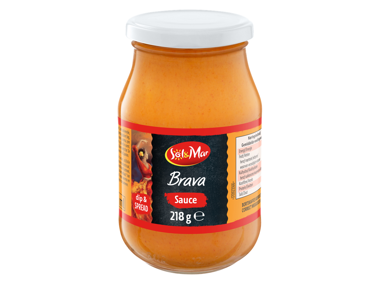 Sol&Mar Brava Saus in pot, 218g, met Spaanse flair en voedingswaarden.