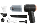 Комплект ръчна прахосмукачка с различни приставки, филтър и USB кабел за зареждане.