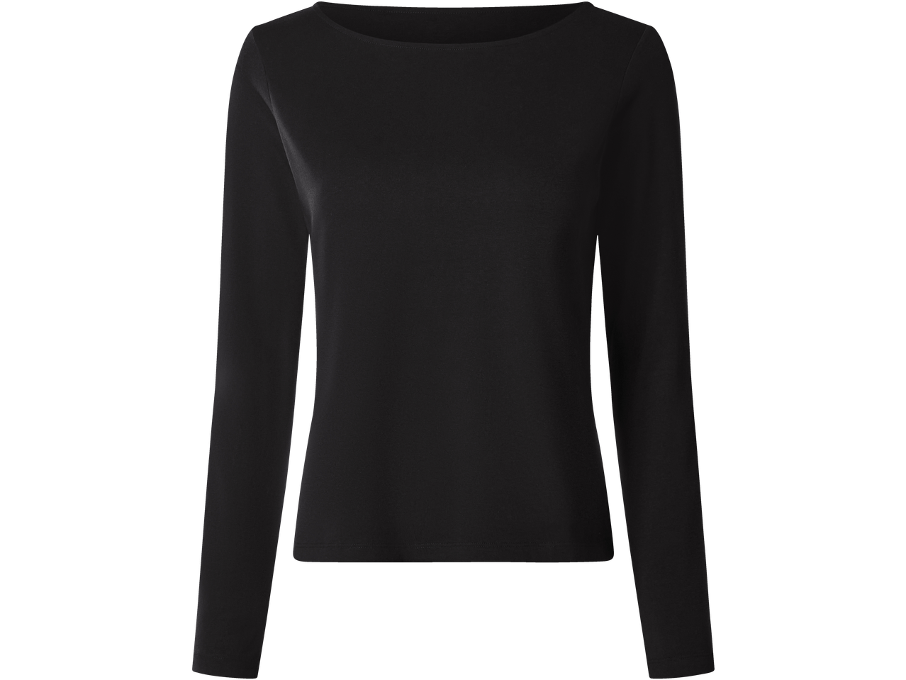 Juodi moteriški marškinėliai ilgomis rankovėmis su laivelio formos iškirpte