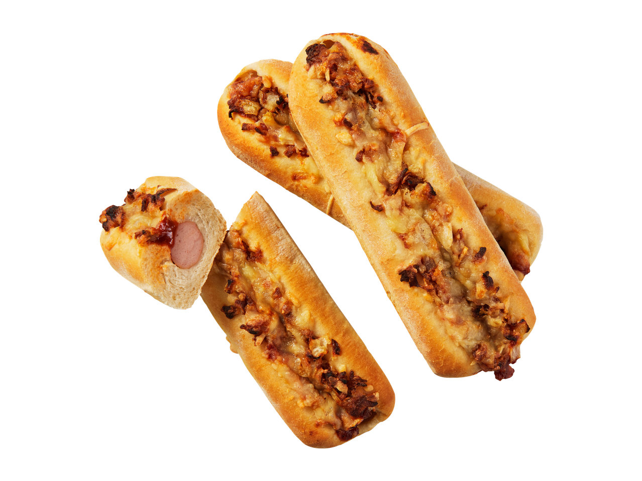 Kolme täytettyä leipää, joista yksi on hot dog, mustalla taustalla.