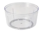 Clear plastic food processor bowl with a central spindle and internal ridges.